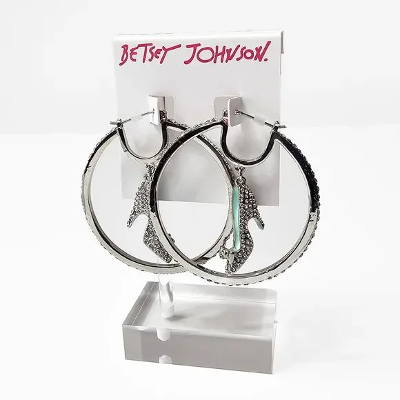 Betsey Johnson High Heel Dangle Hoop Earrings Silver Tone and Rhinestone - Picture 1 of 4